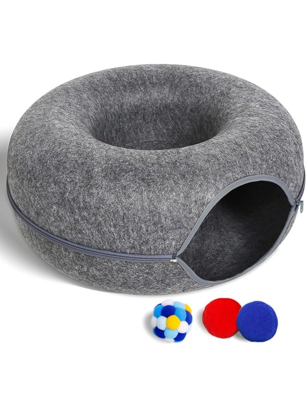 Cozy Large Cat Tunnel Bed with 3 Toys, Scratch-Resistant Donut Design, Up to 30